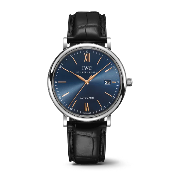 ساعة IWC Portofino أوتوماتيكية للرجال، بسوار جلدي أسود ومينا أزرق - IW356523