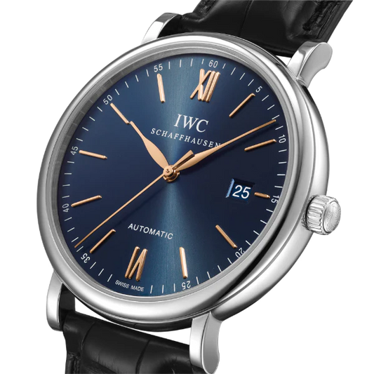 ساعة IWC Portofino أوتوماتيكية للرجال، بسوار جلدي أسود ومينا أزرق - IW356523