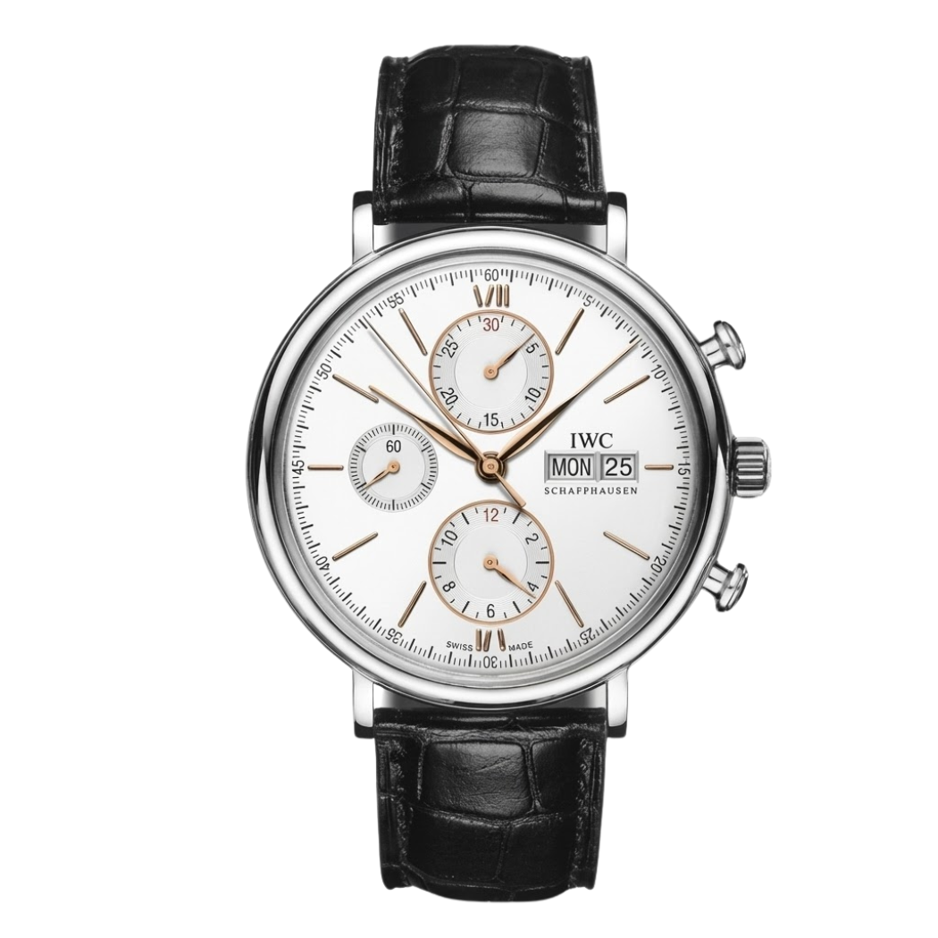 ساعة IWC Portofino كرونوغراف أوتوماتيكية بسوار جلدي أسود ومينا أبيض للرجال - IW391022