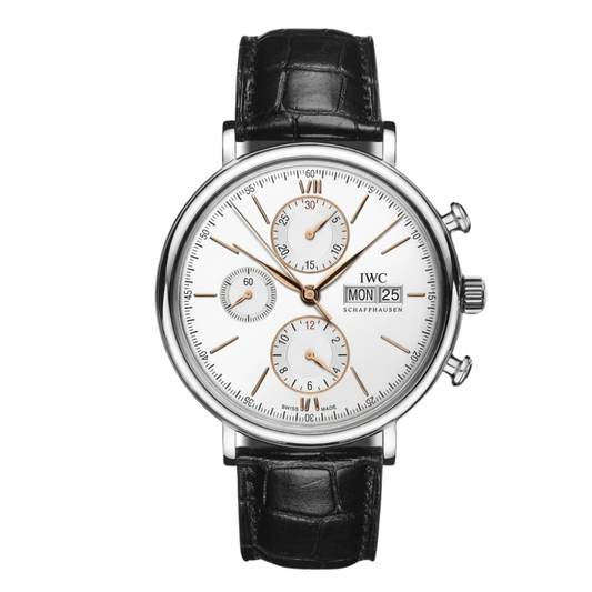 ساعة IWC Portofino كرونوغراف أوتوماتيكية بسوار جلدي أسود ومينا أبيض للرجال - IW391022