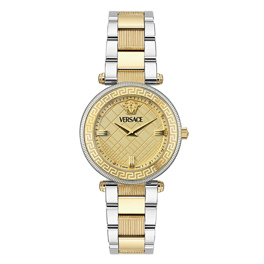 ساعة فيرساتشي ريف ثنائية اللون من الفولاذ المقاوم للصدأ، مينا ذهبي، كوارتز، للنساء - VE8B00324