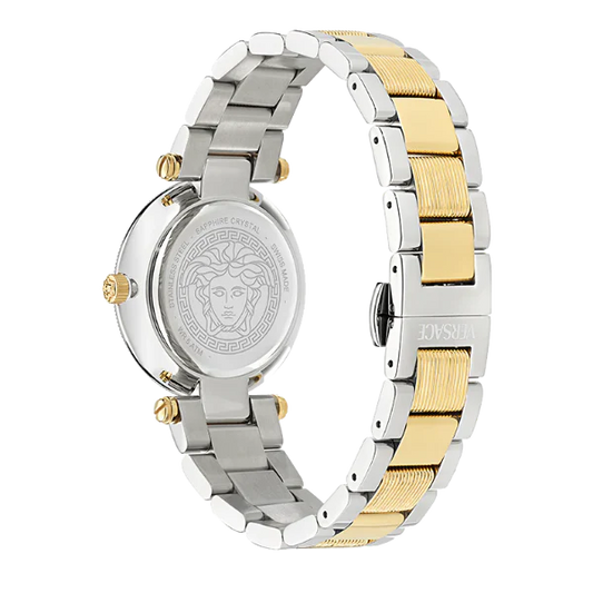 ساعة فيرساتشي ريف ثنائية اللون من الفولاذ المقاوم للصدأ، مينا ذهبي، كوارتز، للنساء - VE8B00324