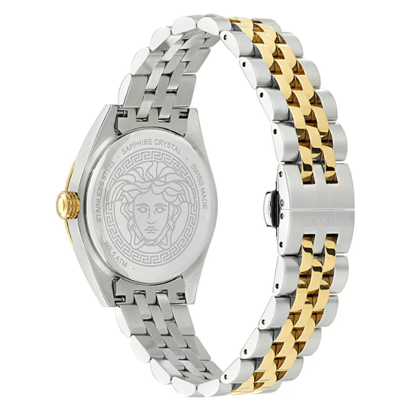 ساعة فيرساتشي V-Code ثنائية اللون من الفولاذ المقاوم للصدأ، مينا أزرق تيفاني، كوارتز، للنساء - VE8I00524