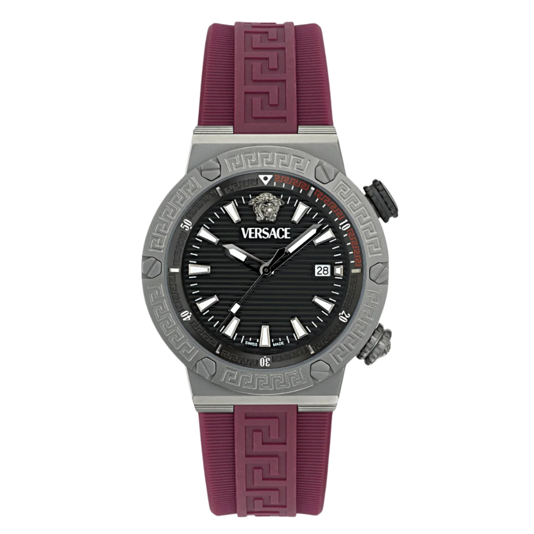 Versace Greca Logo Divers Red Silicone Strap Black Dial Quartz Watch for Gents - VE8G00224