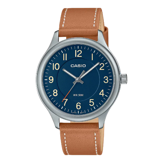 ساعة كاسيو كوارتز رجالية بسوار جلدي بني ومينا أزرق - MTP-B160L-2BVDF