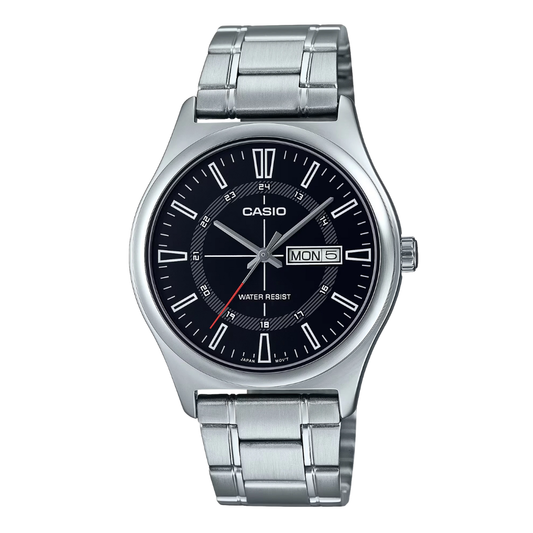 ساعة كاسيو رجالية كوارتز فضية اللون من الفولاذ المقاوم للصدأ، مينا أسود - CASIO MTP-V006D-1CUDF