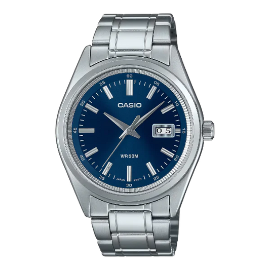 ساعة كاسيو كوارتز فضية اللون من الفولاذ المقاوم للصدأ، مينا أزرق، للرجال - MTP-B180D-2AVDF