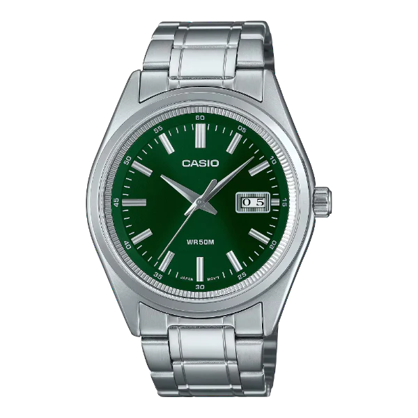 ساعة كاسيو فضية من الفولاذ المقاوم للصدأ، مينا أخضر، كوارتز، للرجال - MTP-B180D-3AVDF