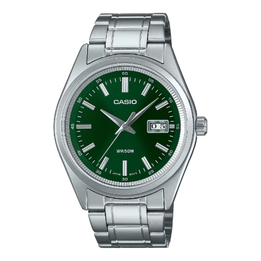 ساعة كاسيو فضية من الفولاذ المقاوم للصدأ، مينا أخضر، كوارتز، للرجال - MTP-B180D-3AVDF