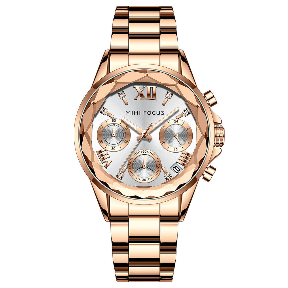 Mini Focus Rose Gold Stainless Steel Silver Dial Chronograh Quartz Watch for Ladies - MF0466L-03