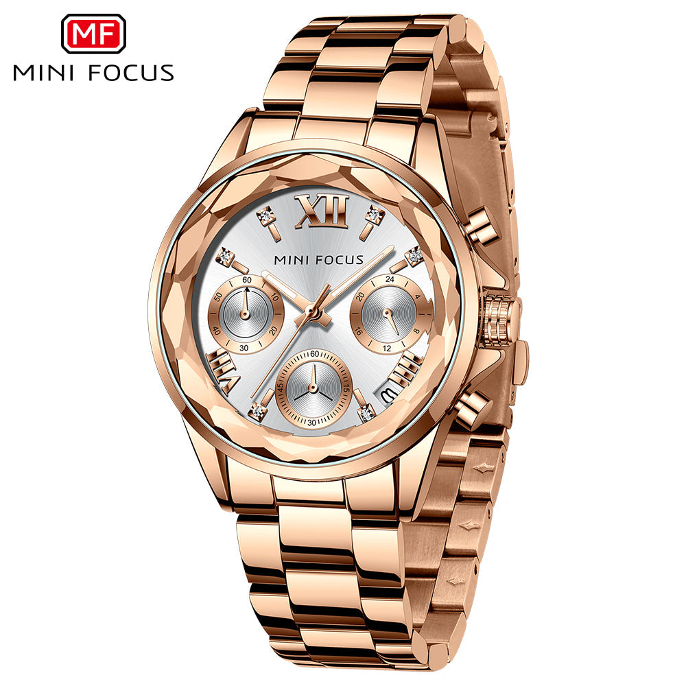 Mini Focus Rose Gold Stainless Steel Silver Dial Chronograh Quartz Watch for Ladies - MF0466L-03