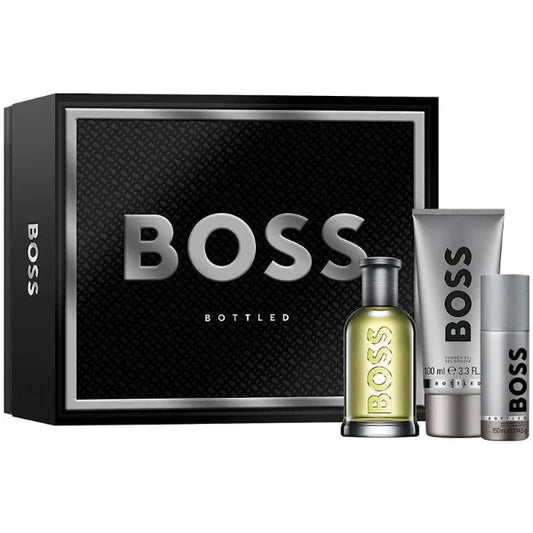 مجموعة هدايا هوغو بوس - عطر بوس في زجاجة - 100 مل ماء تواليت + 150 مل بخاخ مزيل عرق + 100 مل جل استحمام