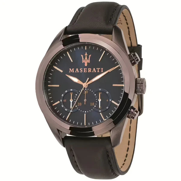 ساعة مازيراتي تراجواردو للرجال، سوار جلدي بني، مينا أزرق، كوارتز - R8871612008