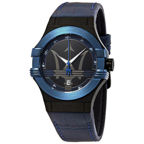 Maserati Potenza Blue Leather Strap Black Dial Quartz Watch for Gents - R8851108007