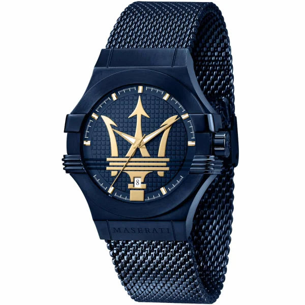 ساعة مازيراتي بوتنزا زرقاء اللون، سوار شبكي، مينا أزرق، كوارتز، للرجال - R8853108008