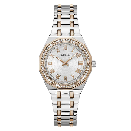ساعة Guess Desire ثنائية اللون من الفولاذ المقاوم للصدأ، مينا أبيض، كوارتز، للنساء - GW0770L5