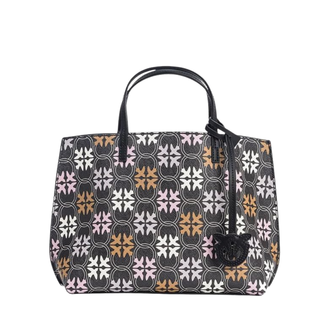 حقيبة يد PINKO Carrie Shopper Classic Big Logo – حقيبة يد من جلد العجل الأسود/متعدد الألوان