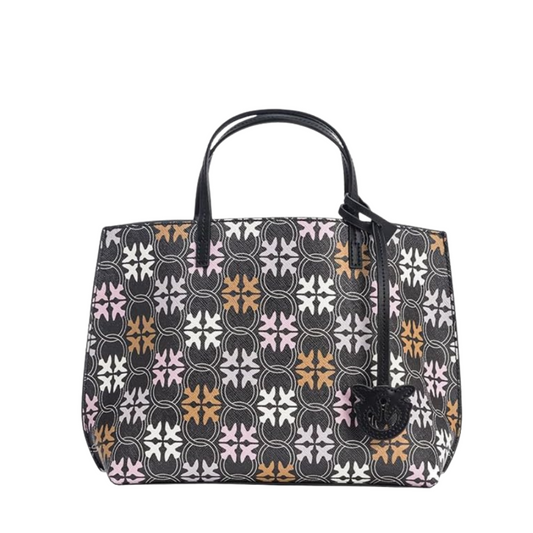 حقيبة يد PINKO Carrie Shopper Classic Big Logo – حقيبة يد من جلد العجل الأسود/متعدد الألوان