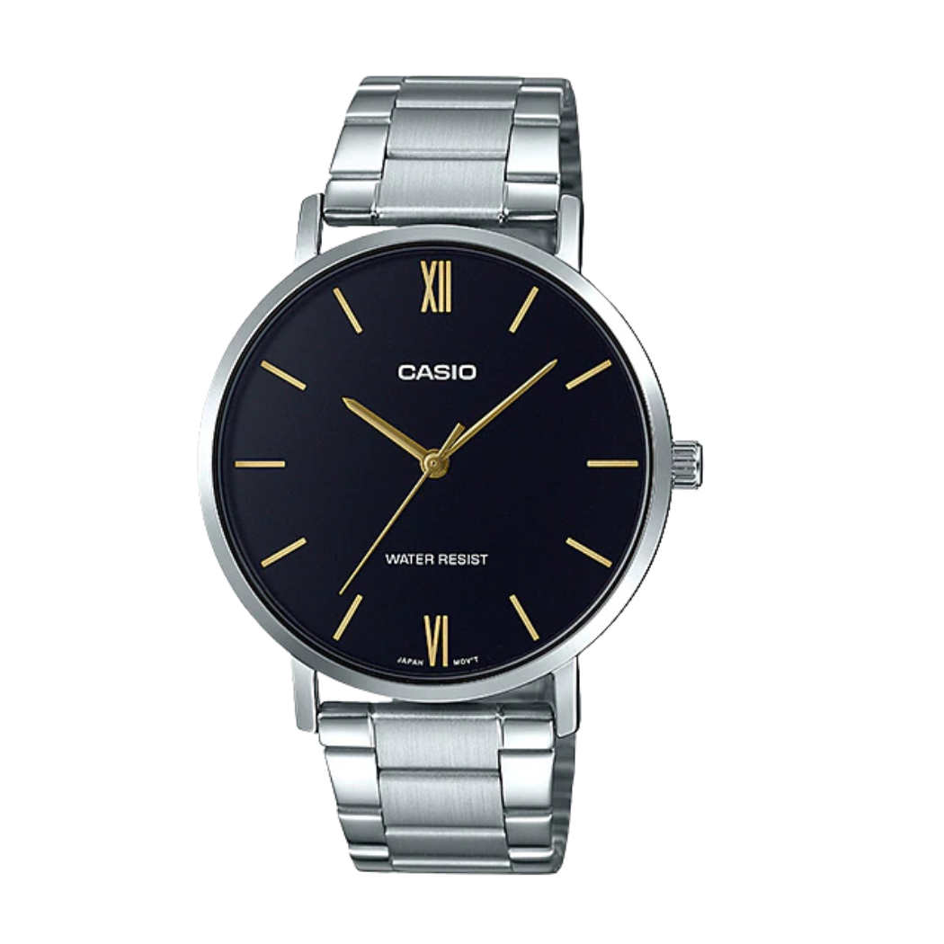 Casio Silver Stainless Steel Bracelet Black Dial Analog Quartz Watch for Men – MTP-VT01D-1BUDF