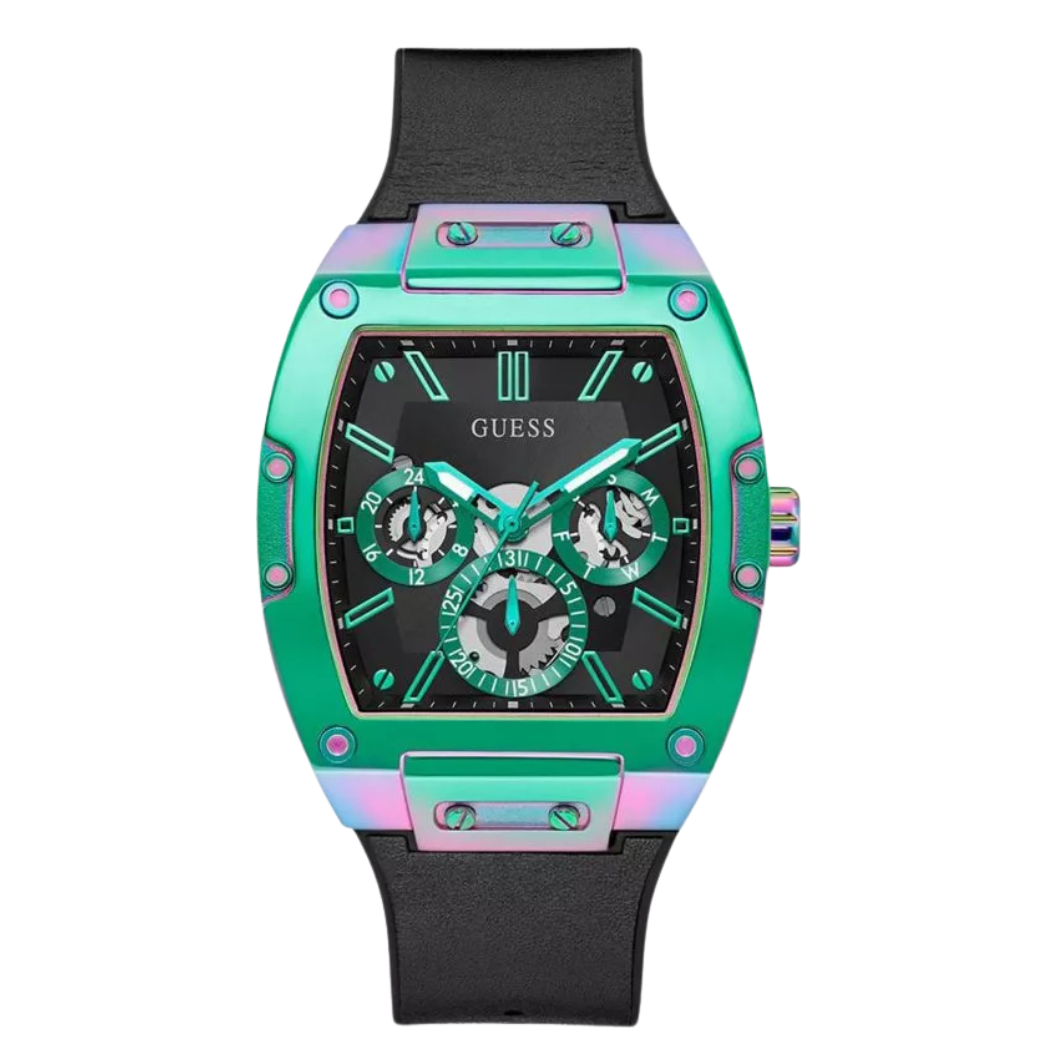 ساعة Guess Thought Trend سوداء من السيليكون، مينا أسود، كوارتز للرجال - GW0202G5