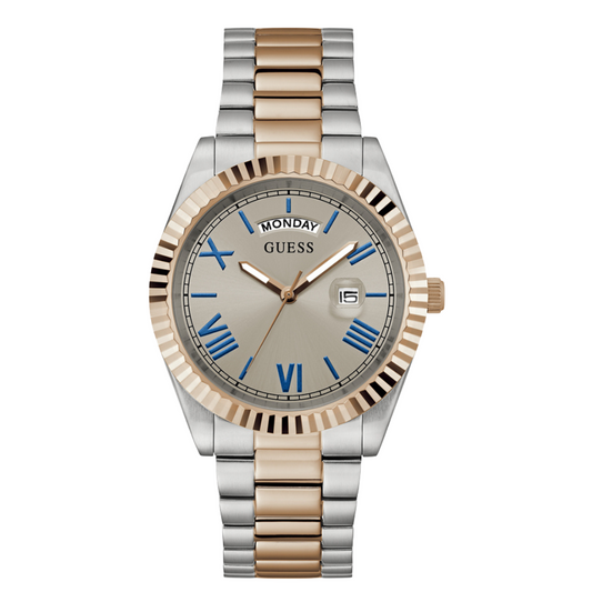 ساعة Guess Connoisseur ثنائية اللون من الفولاذ المقاوم للصدأ، مينا رمادي، كوارتز للرجال - GW0265G13