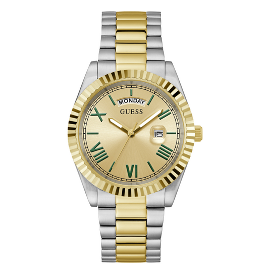 ساعة Guess Connoisseur ثنائية اللون من الفولاذ المقاوم للصدأ، مينا ذهبي، كوارتز للرجال - GW0265G14
