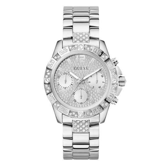 ساعة Guess Majesty Series الفضية المصنوعة من الفولاذ المقاوم للصدأ، ذات مينا فضي، كرونوغراف كوارتز، للنساء - G0771L1