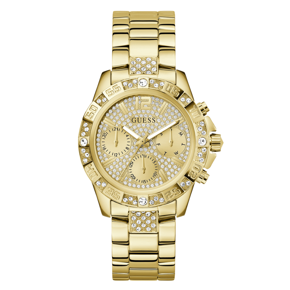 ساعة Guess Majesty Series الذهبية المصنوعة من الفولاذ المقاوم للصدأ، ذات مينا ذهبي، كرونوغراف كوارتز، للنساء - G0771L2