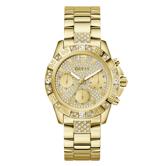 ساعة Guess Majesty Series الذهبية المصنوعة من الفولاذ المقاوم للصدأ، ذات مينا ذهبي، كرونوغراف كوارتز، للنساء - G0771L2