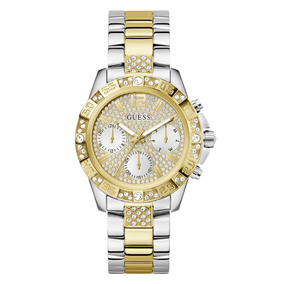 ساعة Guess Majesty Series ثنائية اللون من الفولاذ المقاوم للصدأ، مينا ذهبي، كرونوغراف كوارتز للسيدات - G0771L3