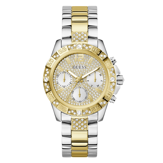 ساعة Guess Majesty Series ثنائية اللون من الفولاذ المقاوم للصدأ، مينا ذهبي، كرونوغراف كوارتز للسيدات - G0771L3