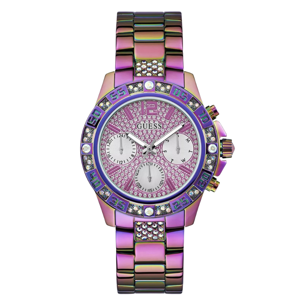 ساعة Guess Majesty Series النسائية، مصنوعة من الفولاذ المقاوم للصدأ، بمينا بنفسجي، كرونوغراف كوارتز - G0771L4
