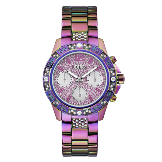 ساعة Guess Majesty Series النسائية، مصنوعة من الفولاذ المقاوم للصدأ، بمينا بنفسجي، كرونوغراف كوارتز - G0771L4