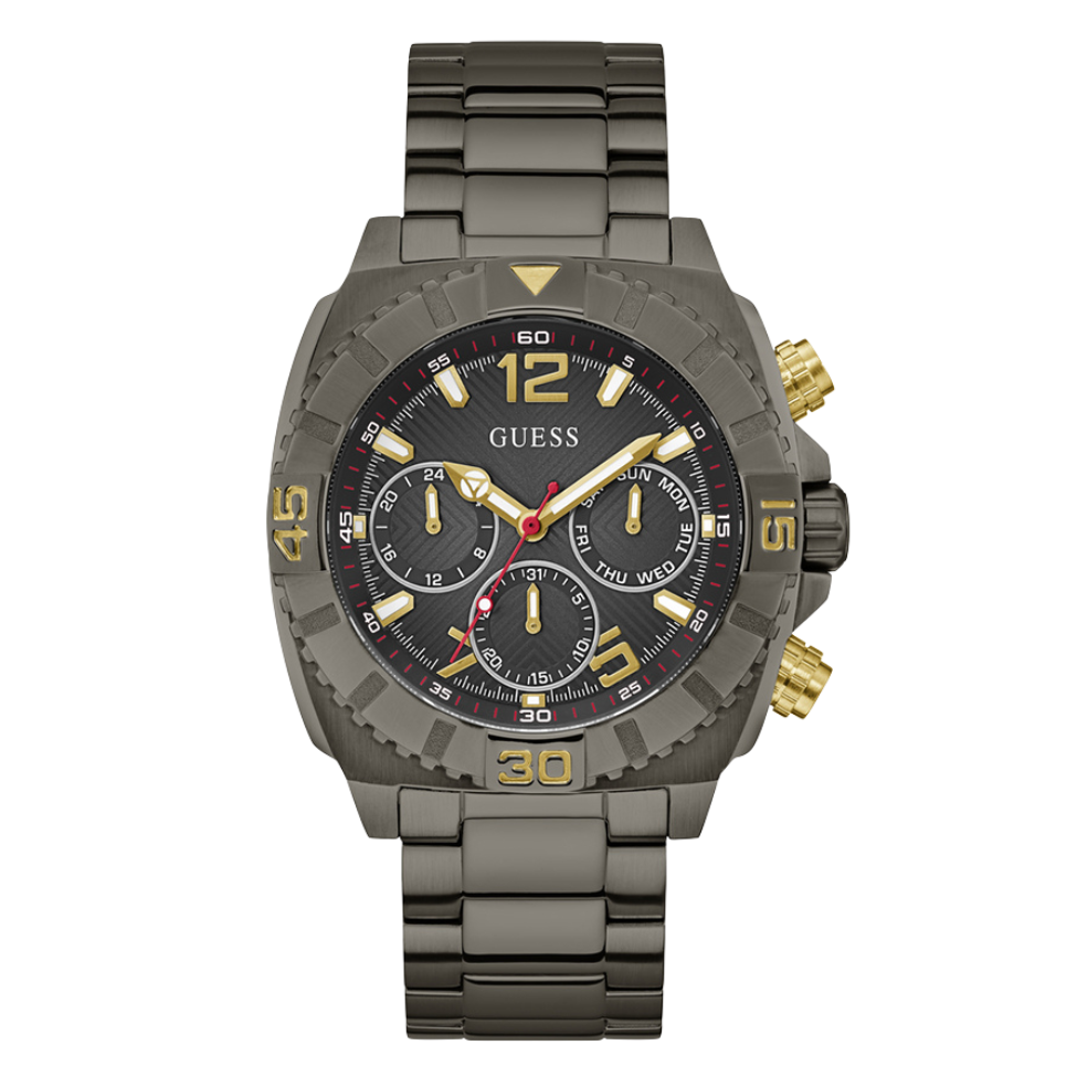 ساعة Guess Traction Gunmetal المصنوعة من الفولاذ المقاوم للصدأ، ذات مينا أسود، كرونوغراف كوارتز للرجال - G0800G2