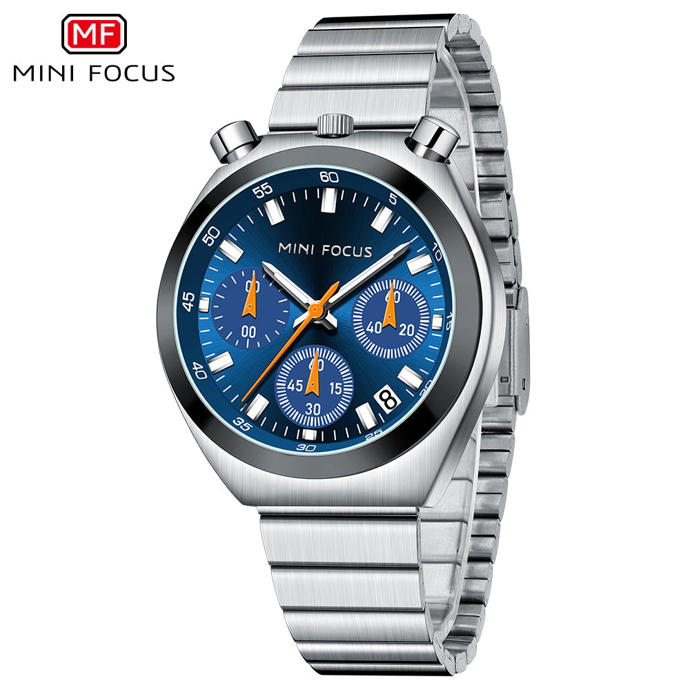 Mini Focus Silver Stainless Steel Blue Dial Chronograph Quartz Watch for Gents - MF0491L-02