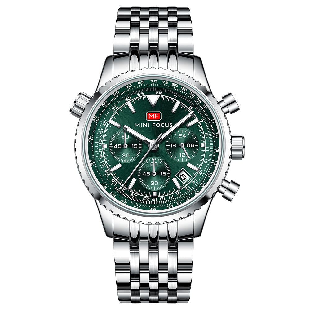 Mini Focus Silver Stainless Steel Green Dial Chronograh Quartz Watch for Gents - MF0463G-02