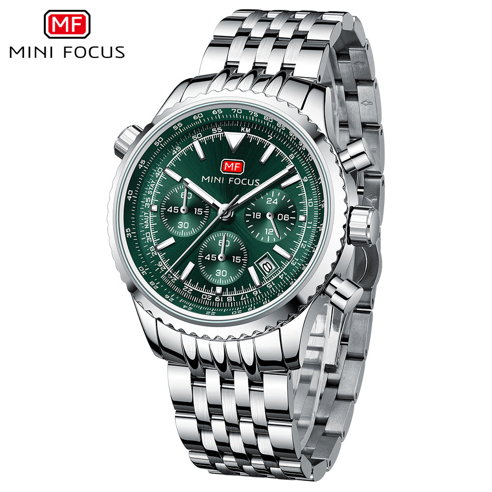 Mini Focus Silver Stainless Steel Green Dial Chronograh Quartz Watch for Gents - MF0463G-02
