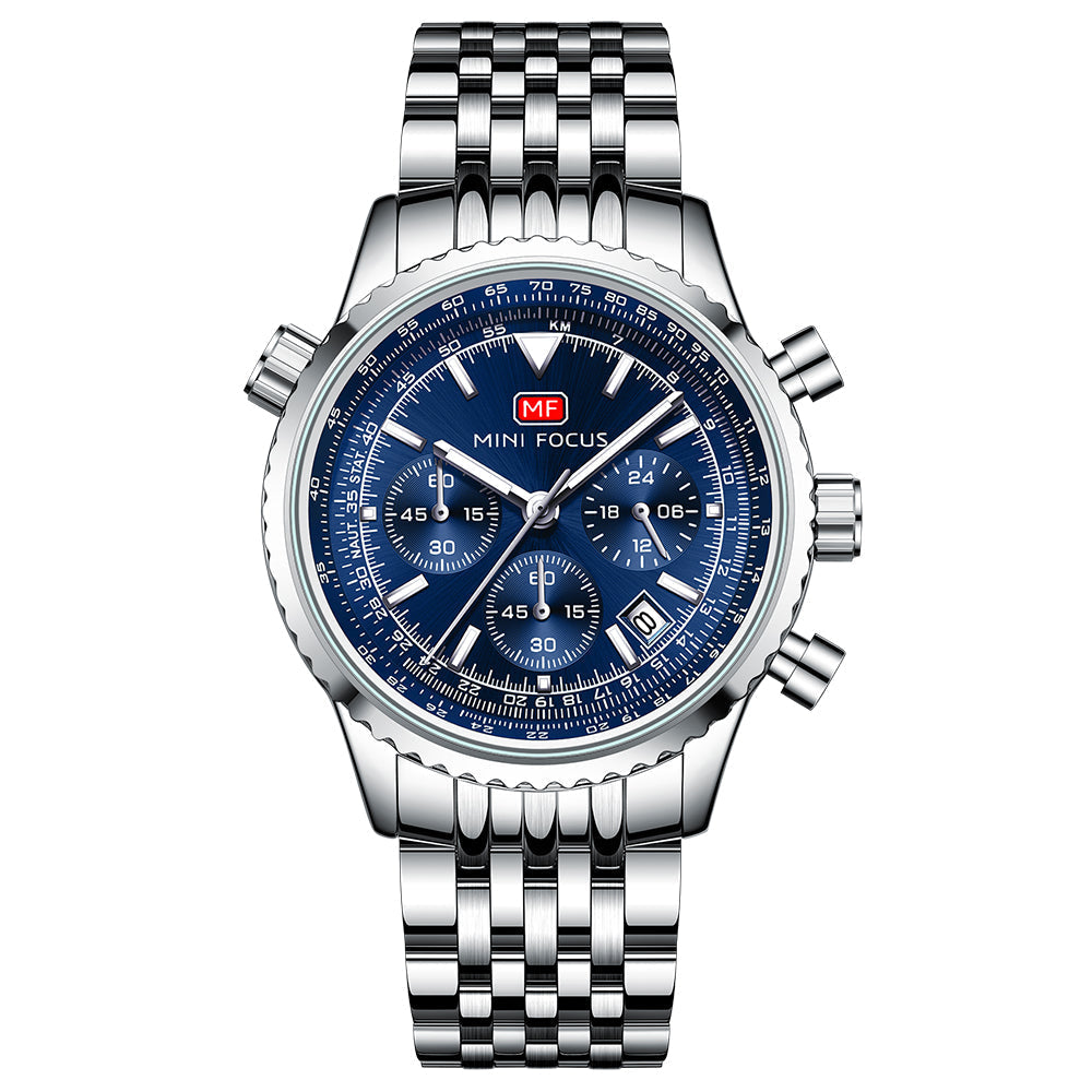 Mini Focus Silver Stainless Steel Blue Dial Chronograh Quartz Watch for Gents - MF0463G-03