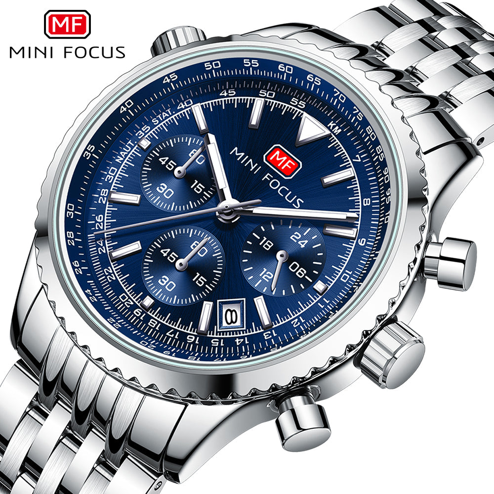 Mini Focus Silver Stainless Steel Blue Dial Chronograh Quartz Watch for Gents - MF0463G-03
