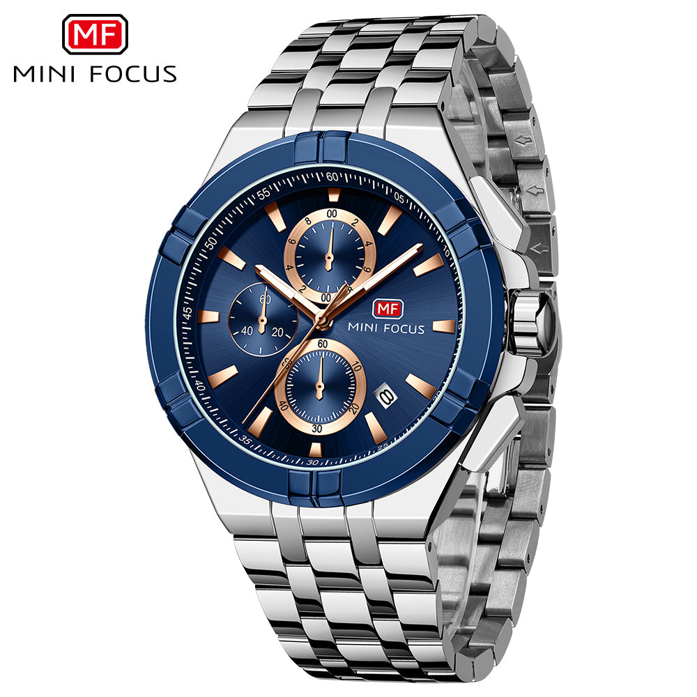 Mini Focus Silver Stainless Steel Blue Dial Chronograh Quartz Watch for Gents - MF0471G-03