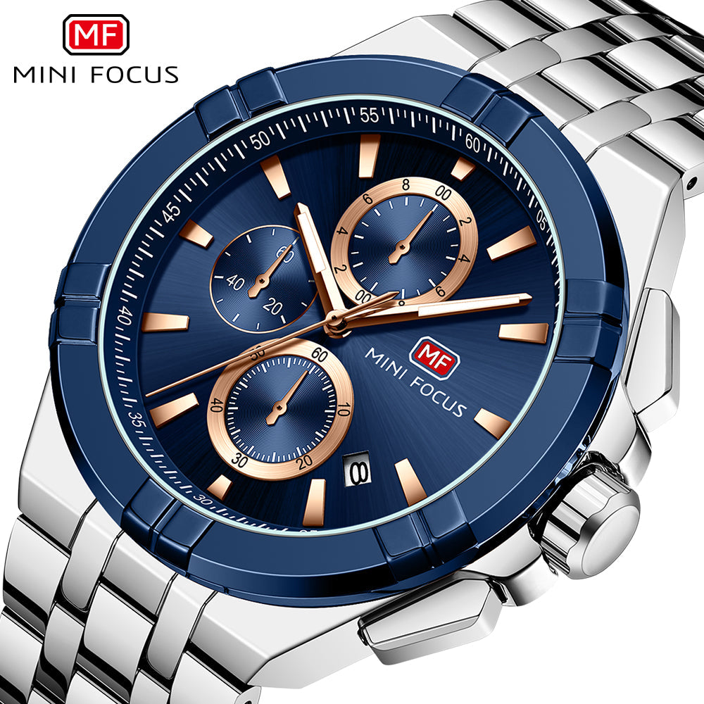 Mini Focus Silver Stainless Steel Blue Dial Chronograh Quartz Watch for Gents - MF0471G-03