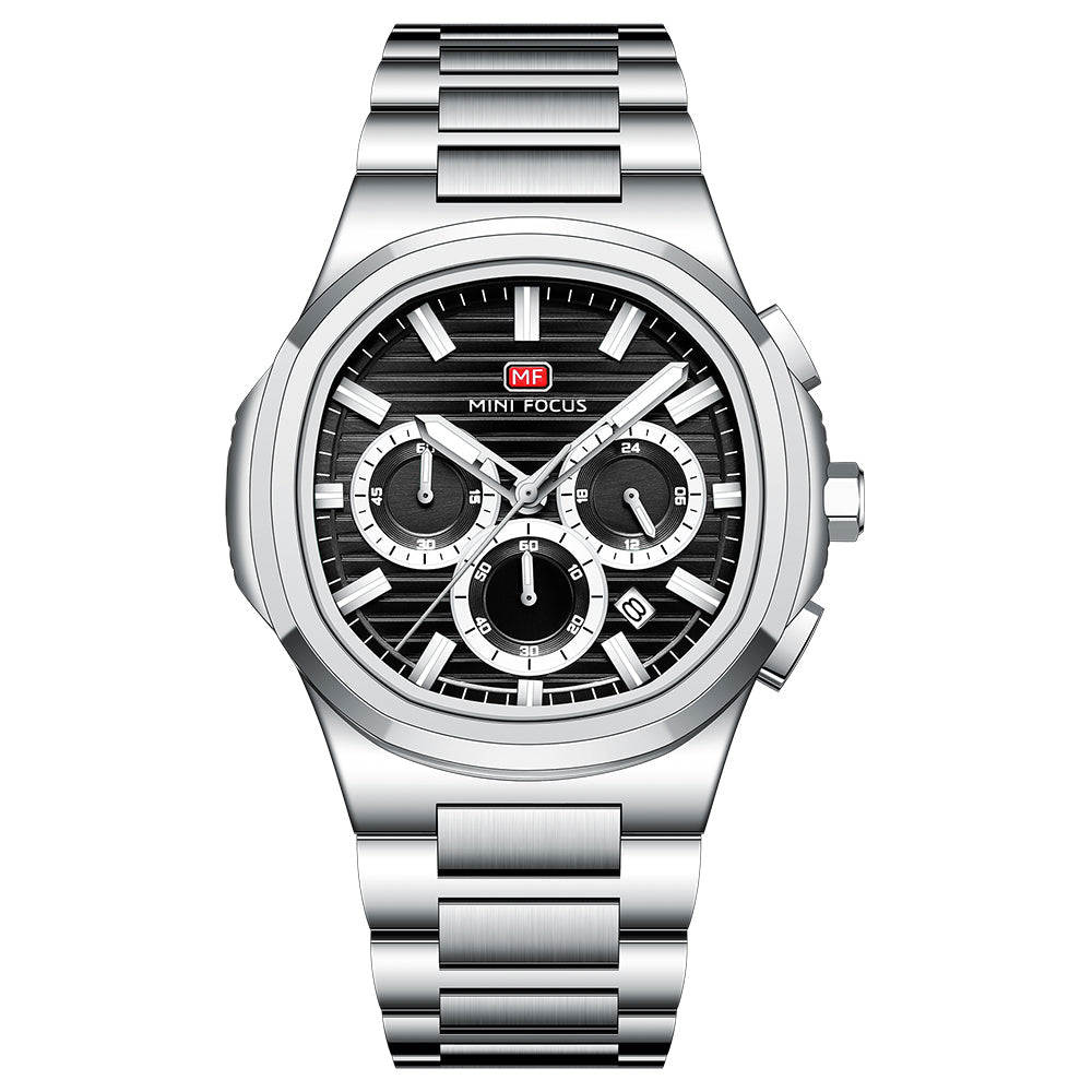 Mini Focus Silver Stainless Steel Black Dial Chronograph Quartz Watch for Gents - MF0610G-01