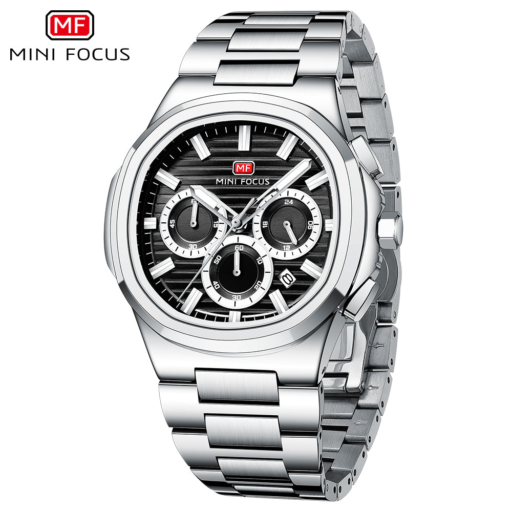 Mini Focus Silver Stainless Steel Black Dial Chronograph Quartz Watch for Gents - MF0610G-01