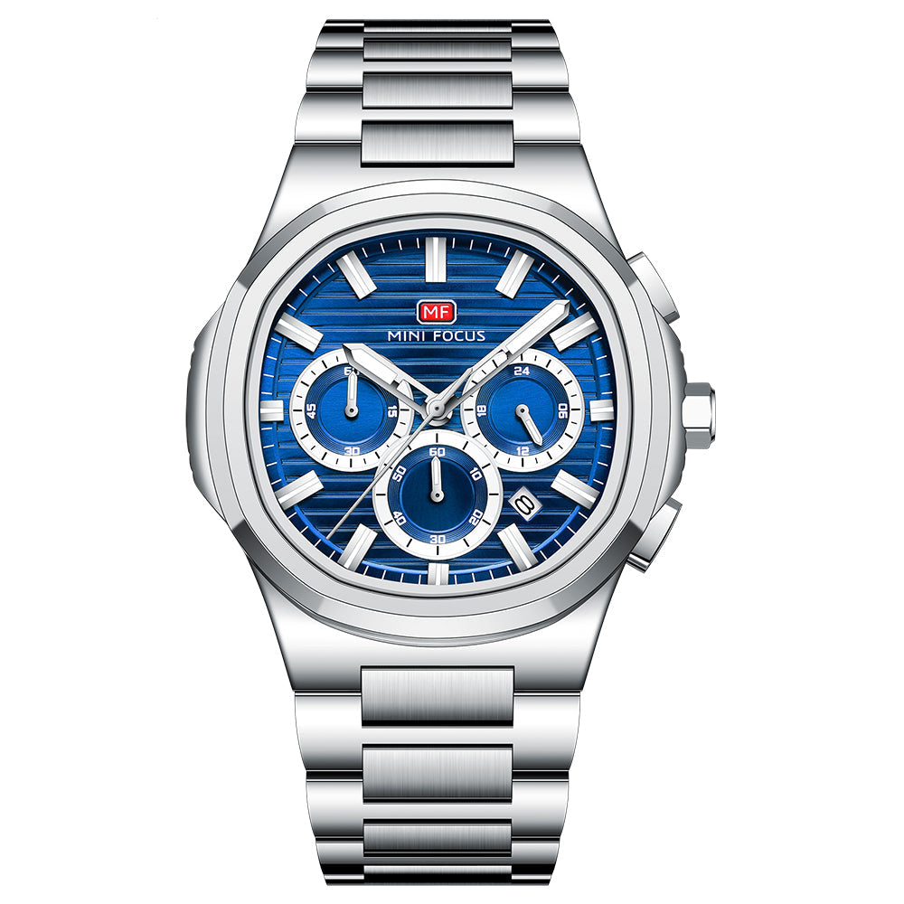 Mini Focus Silver Stainless Steel Blue Dial Chronograph Quartz Watch for Gents - MF0610G-02