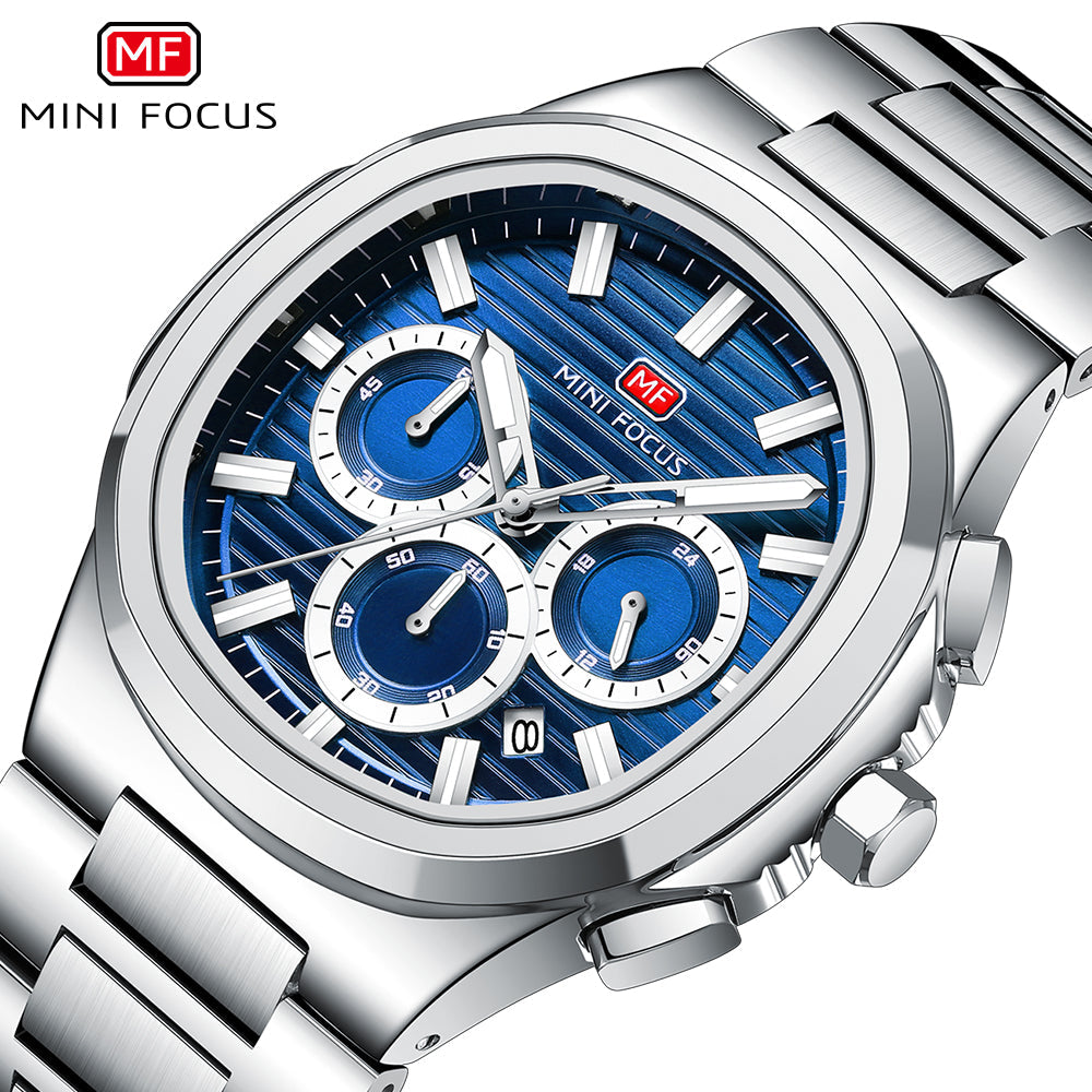 Mini Focus Silver Stainless Steel Blue Dial Chronograph Quartz Watch for Gents - MF0610G-02