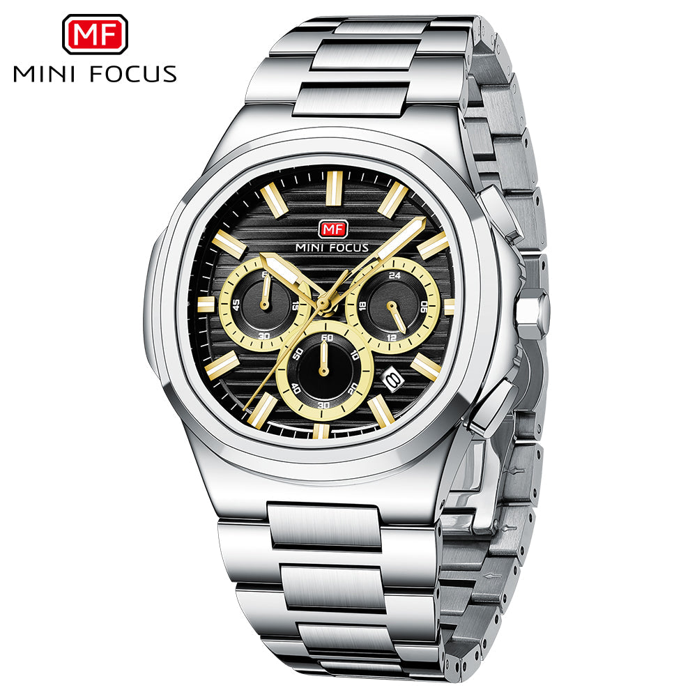 Mini Focus Silver Stainless Steel Black Dial Chronograph Quartz Watch for Gents - MF0610G-07