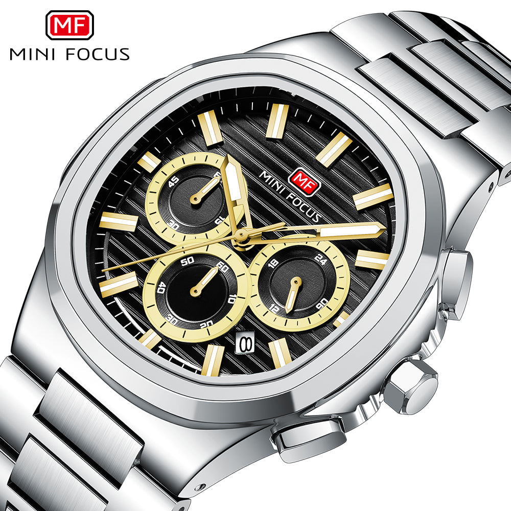 Mini Focus Silver Stainless Steel Black Dial Chronograph Quartz Watch for Gents - MF0610G-07