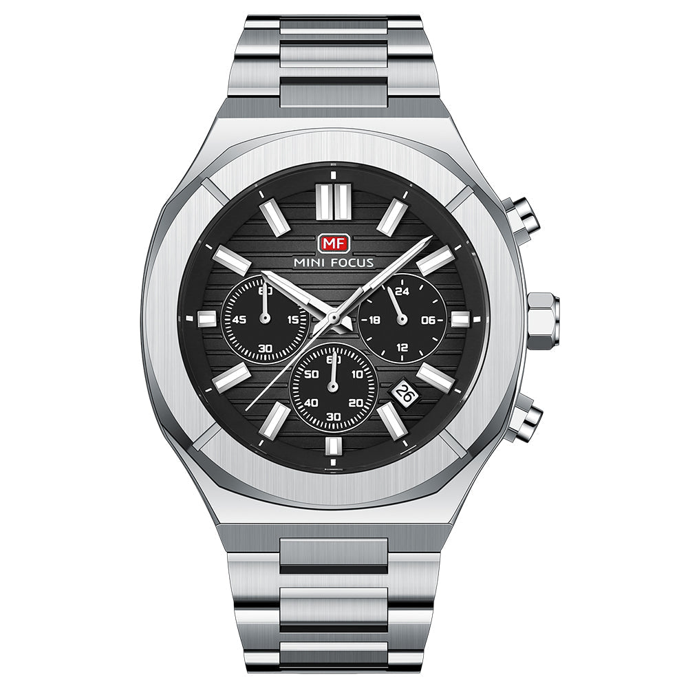 Mini Focus Silver Stainless Steel Black Dial Chronograph Quartz Watch for Gents - MF0612G-01