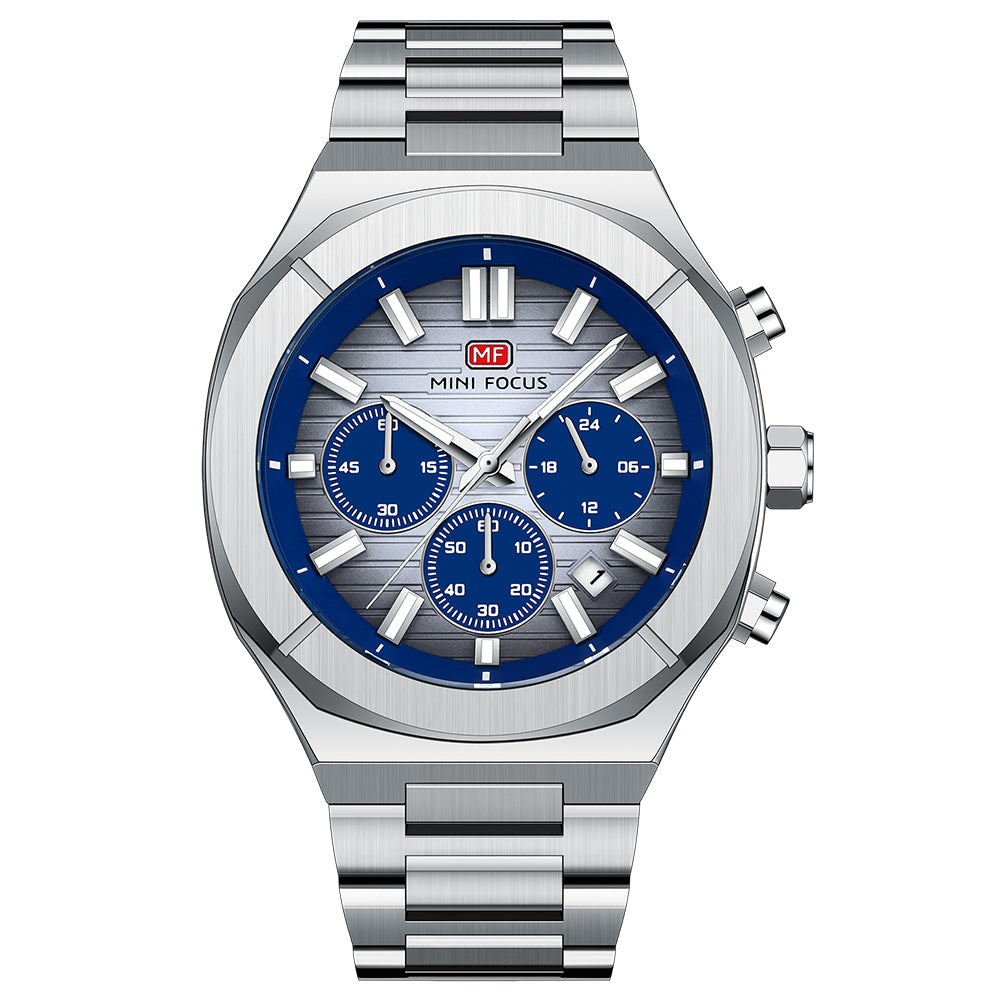 Mini Focus Silver Stainless Steel Blue Dial Chronograph Quartz Watch for Gents - MF0612G-02