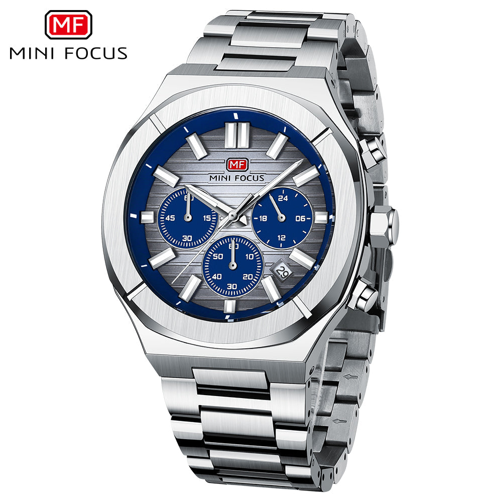 Mini Focus Silver Stainless Steel Blue Dial Chronograph Quartz Watch for Gents - MF0612G-02